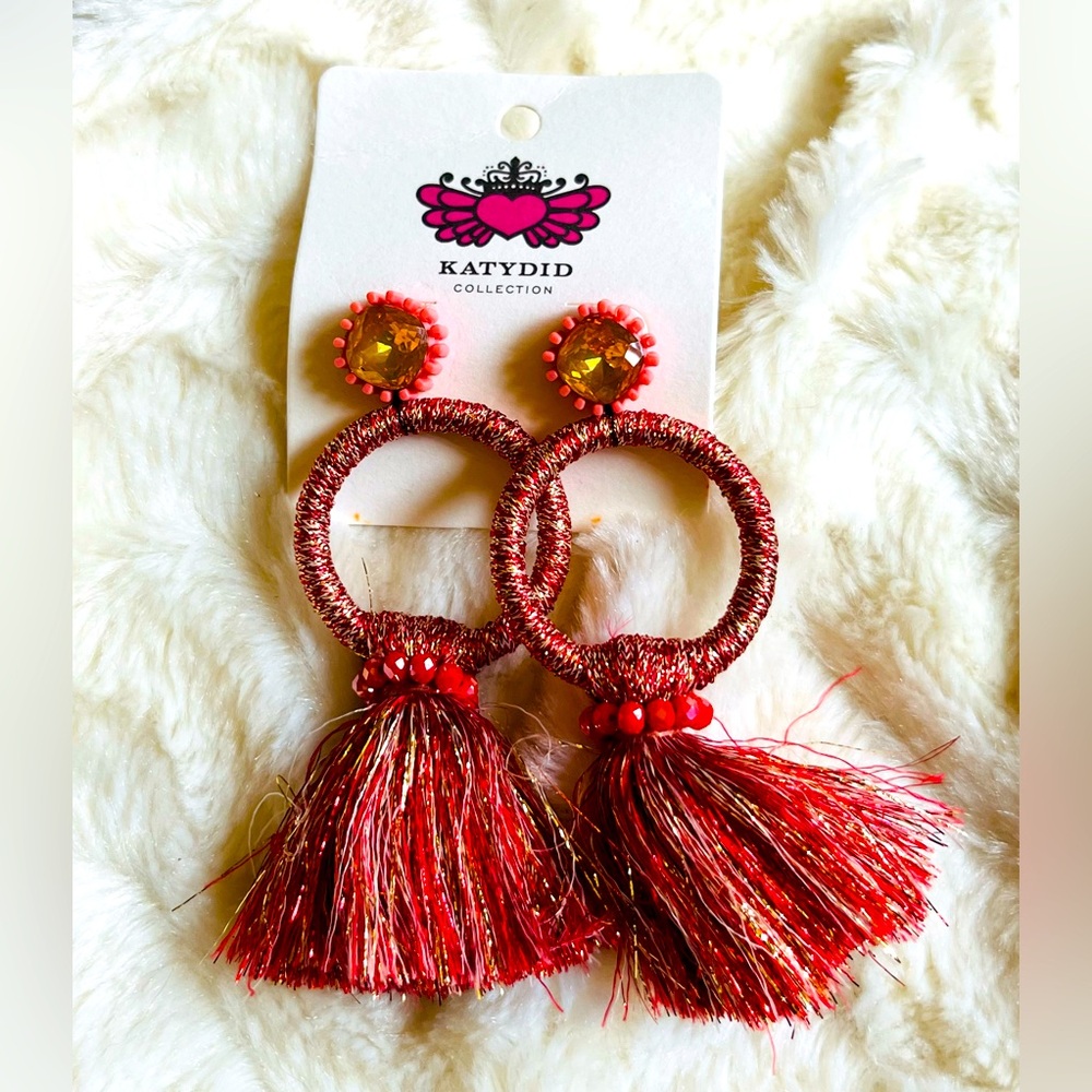 KATYDID red fan tassel earrings NEW